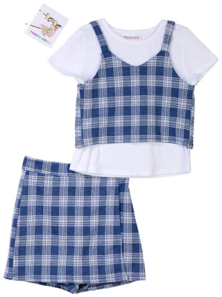 Thumbnail 1: Tween Diva Tween Diva Big Girls 2 pc Plaid Tee & Crossover Skort Set 