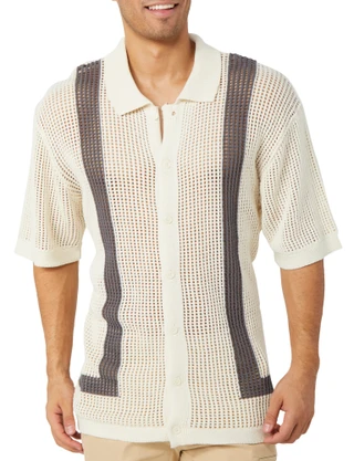 Thumbnail 1: Massive Massive Mens Short Sleeve Crochet Button Down Shirt 