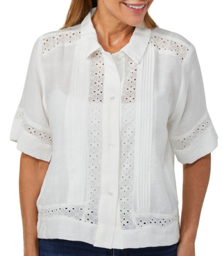 Thumbnail 1: BUNULU Bunulu Womens Short Sleeve Eyelet Button Down Top 