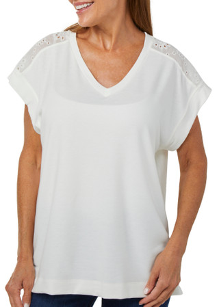 Thumbnail 1: BUNULU Bunulu Womens Solid Eyelet V-Neck Top 