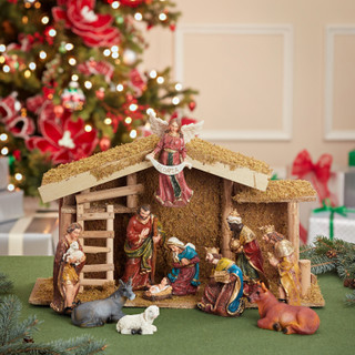 Thumbnail 12: Kurt Adler Kurt Adler 12-Piece Nativity Set with Wooden Stable. 