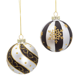 Thumbnail 2: Kurt Adler Kurt Adler 6 Pc. Black White & Gold Glass Ornament Set 