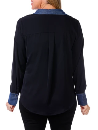 Thumbnail 2: Ellen Tracy Ellen Tracy Womens Long Sleeve Denim Trim Button Down Top 