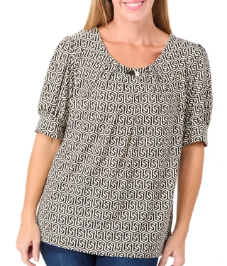 Thumbnail 4: Notations Notations Womens Short Puff Sleeve Geometric Print Top 