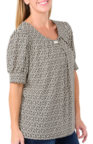 Thumbnail 1: Notations Notations Womens Short Puff Sleeve Geometric Print Top 