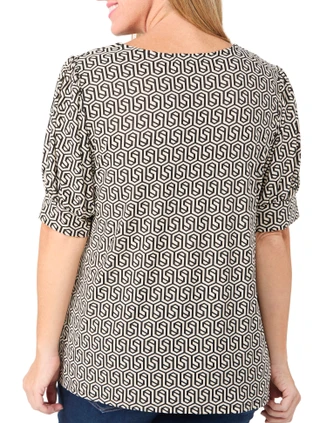 Thumbnail 3: Notations Notations Womens Short Puff Sleeve Geometric Print Top 