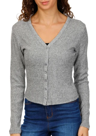 Thumbnail 1: No Comment No Comment Juniors Long Sleeve Ribbed Hacci Button Cardigan 
