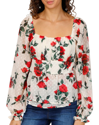 Thumbnail 1: Trixxi Trixxi Juniors Long Sleeve Floral Chiffon Tie Back Top 