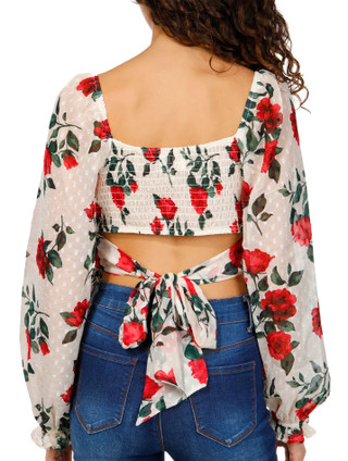 Thumbnail 2: Trixxi Trixxi Juniors Long Sleeve Floral Chiffon Tie Back Top 