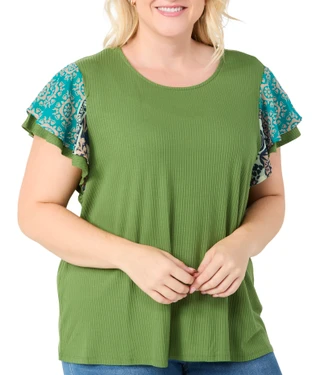 Thumbnail 1: RIO & RIAN Rio & Rian Plus Flutter Sleeve Ribbed Top 