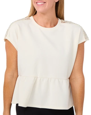Thumbnail 1: Cupio Cupio Womens Short Sleeve Pearl Trim Peplum Top 