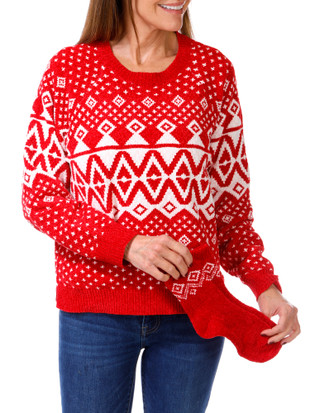 Thumbnail 1: ADRIENNE VITTADINI Women's 2 Pc Christmas Print Sweater & Socks Set 