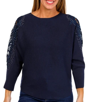 Thumbnail 2: BIRCH NY Birch NY Womens Long Sleeve Embellished Lace Sweater 