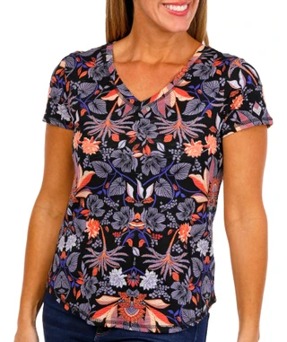 Thumbnail 2: Blue Sol Blue Sol Womens Short Sleeve Floral Print Luxey V-Neck Top 
