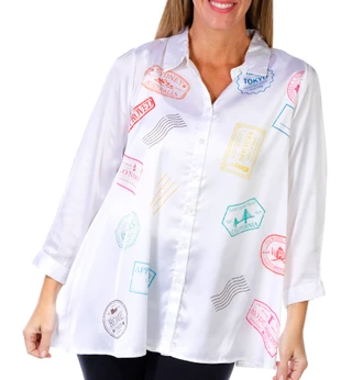 Thumbnail 1: Kaktus Kaktus Petite 3/4 Sleeve Satin Button Down Postcard Top 