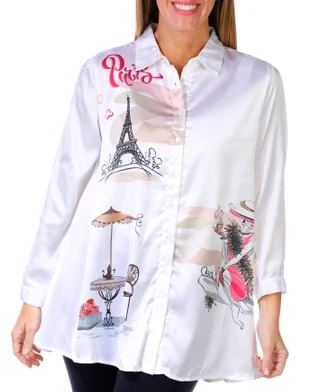 Thumbnail 2: Kaktus Kaktus Petite 3/4 Sleeve Satin Button Down Paris Top 
