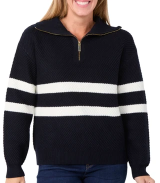 Thumbnail 1: ELIE TAHARI Elie Tahari Womens Quarter Zip Rib Stripe Sweater 