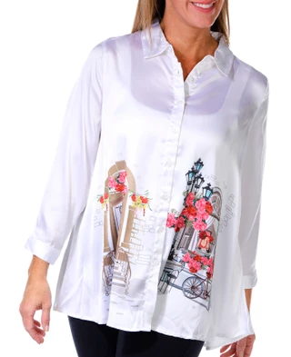 Thumbnail 1: Kaktus Kaktus Womens 3/4 Sleeve Satin Button Down Cityscape Top 