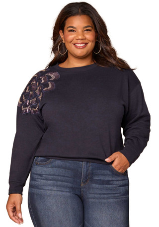 Thumbnail 1: Democracy Democracy Plus Long Sleeve Beaded Floral Sweatshirt 