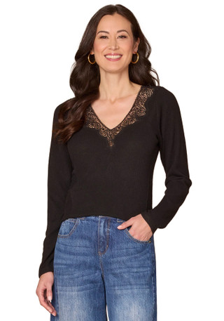 Thumbnail 1: Democracy Democracy Womens Long Sleeve Crochet V-Neck Knit Top 