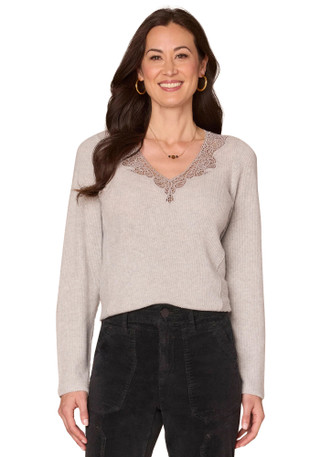 Thumbnail 1: Democracy Democracy Womens Long Sleeve Crochet V-Neck Knit Top 