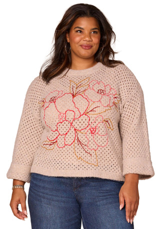 Thumbnail 1: Democracy Democracy Plus Long Sleeve Floral Embroidered Sweater 