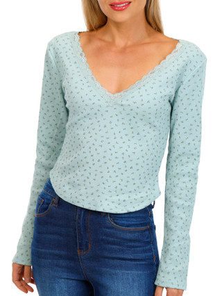 Thumbnail 1: BOZZOLO Bozzolo Juniors Long Sleeve Ditsy Pointelle Crew Neck Top 