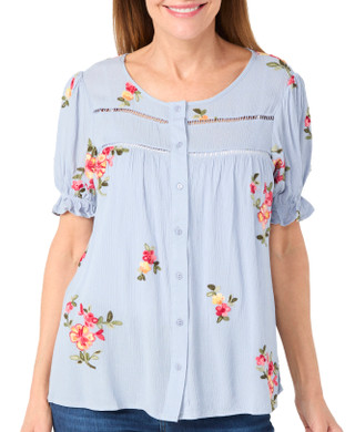Thumbnail 1: LIV LOS ANGELES Liv Los Angeles Womens Short Sleeve Embroidered Button Top 