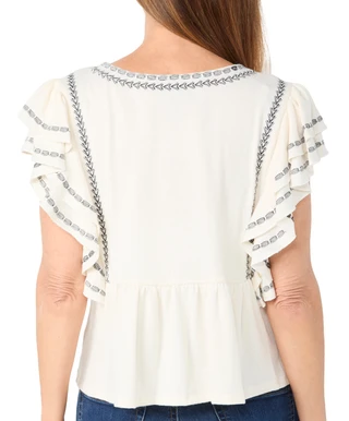 Thumbnail 2: BOBEAU Bobeau Womens Short Sleeve Ruffle Edge Embroidered Top 