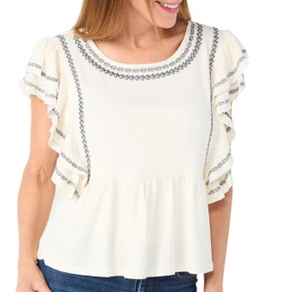 Thumbnail 3: BOBEAU Bobeau Womens Short Sleeve Ruffle Edge Embroidered Top 