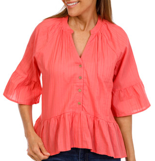 Thumbnail 1: Kaktus Kaktus Womens 3/4 Sleeve Henley Ruffle Top 