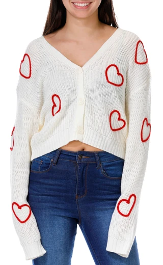 Thumbnail 1: No Comment No Comment Juniors Embroidered Hearts Button Cardigan 