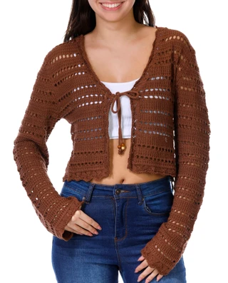 Thumbnail 1: No Comment No Comment Juniors Long Sleeve Open Knit Tiefront Cardigan 
