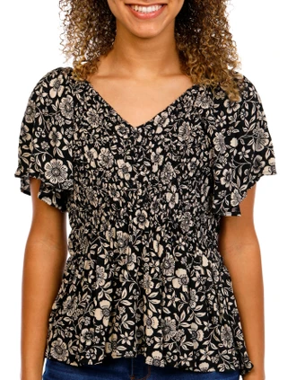 Thumbnail 1: Angie Angie Juniors Flutter Sleeve Smocked V-Neck Floral Top 