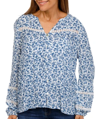 Thumbnail 1: Angels Angels Womens Long Sleeve Floral Button Front Top 