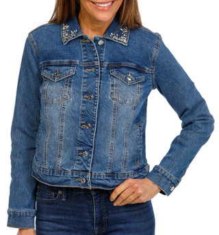 Thumbnail 1: Express Womens Rhinestone Collar Denim Jacket 