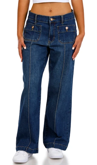 Thumbnail 1: BLUE REVIVAL Blue Revival Juniors Mid Rise Patch Pocket Wide Leg Jeans 