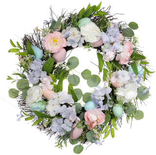 Thumbnail 1: IJK Limited Handcrafted Easter 22 In Egg & Ranunculus Spiral Vine Wreath 