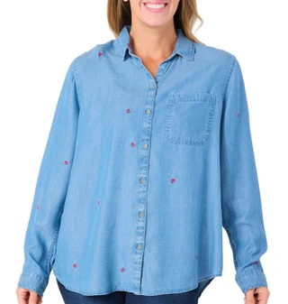 Thumbnail 1: Beach Lunch Lounge Beach Lunch Lounge Womens Long Sleeve Denim Heart Top 
