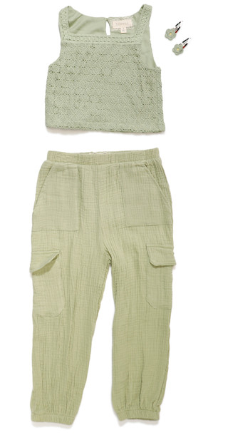 Thumbnail 1: Btween Btween Little Girl 3 Pc Crochet Tank Jogger Set Eyelet 