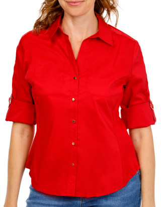 Thumbnail 1: ZAC AND RACHEL Zac & Rachel Petite Roll Tab Sleeve Button Down Woven Top 