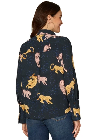 Thumbnail 3: Democracy Democracy Womens Long Sleeve French Cuff Animal Print Top 