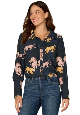 Thumbnail 1: Democracy Democracy Womens Long Sleeve French Cuff Animal Print Top 