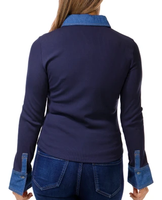 Thumbnail 2: TRUTH Truth Womens Denim Trim Ribbed Long Sleeve Polo Top 