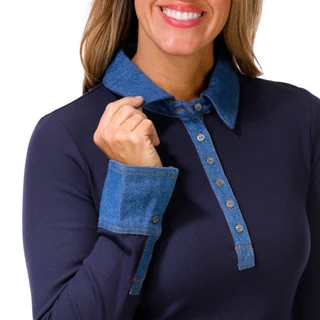 Thumbnail 3: TRUTH Truth Womens Denim Trim Ribbed Long Sleeve Polo Top 