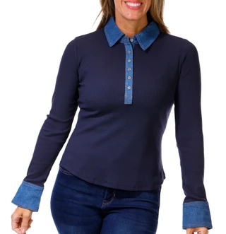 Thumbnail 1: TRUTH Truth Womens Denim Trim Ribbed Long Sleeve Polo Top 