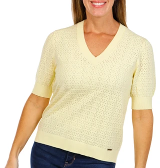 Thumbnail 1: Tahari Tahari Womens Short Sleeve Pointelle V-Neck Sweater Top 