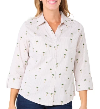 Thumbnail 1: Coral Bay Coral Bay Womens 3/4 Sleeve Stripe Palm Button Down Top 