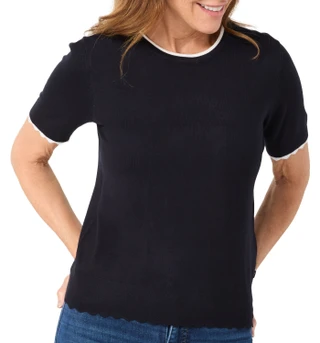 Thumbnail 1: Nautica Nautica Womens Short Sleeve Tipped Scallop Sweater Top 