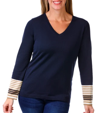 Thumbnail 1: Nautica Nautica Womens Long Sleeve V-Neck Tipped Sleeve Top 